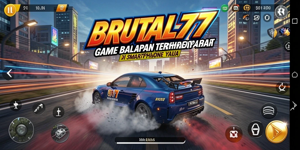 Screenshot utama BRUTAL77 menampilkan aksi balapan yang mendebarkan.