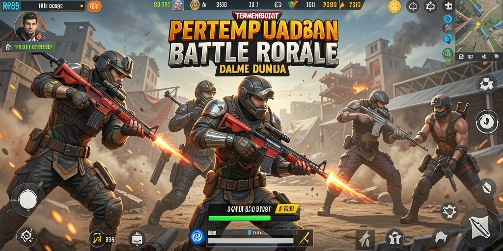 Screenshot gameplay RR89 menampilkan pertarungan intens Battle Royale.
